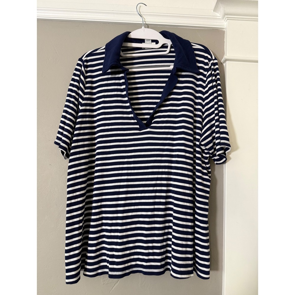 Ava & Viv Womens 1X Navy Blue White Striped Ribbed VNeck Polo Shirt Short Sleeve